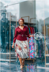 Maroon and abstract print flared dress